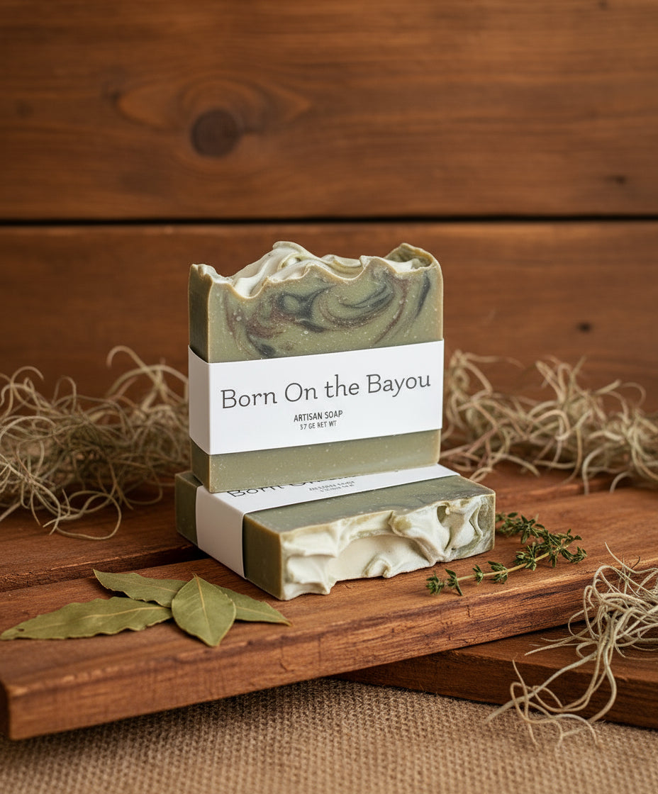 Two bars of soap with 'Born On the Bayou' label on a blurred background
